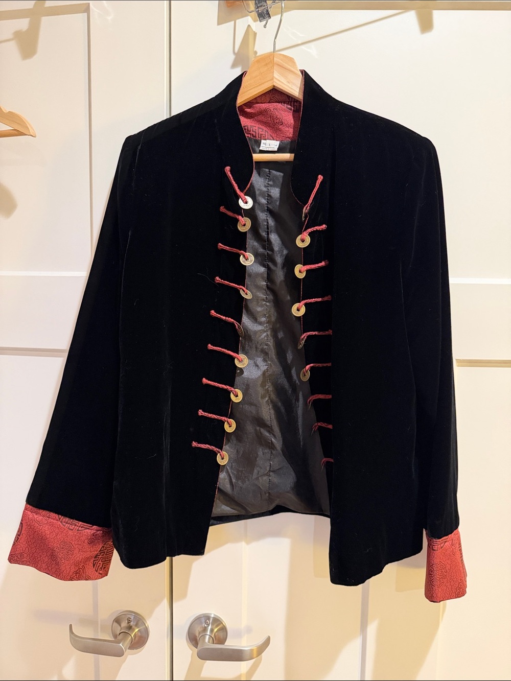 Black Velvet 100% silk Chinese style Blazer with Red Trim and lucky coin